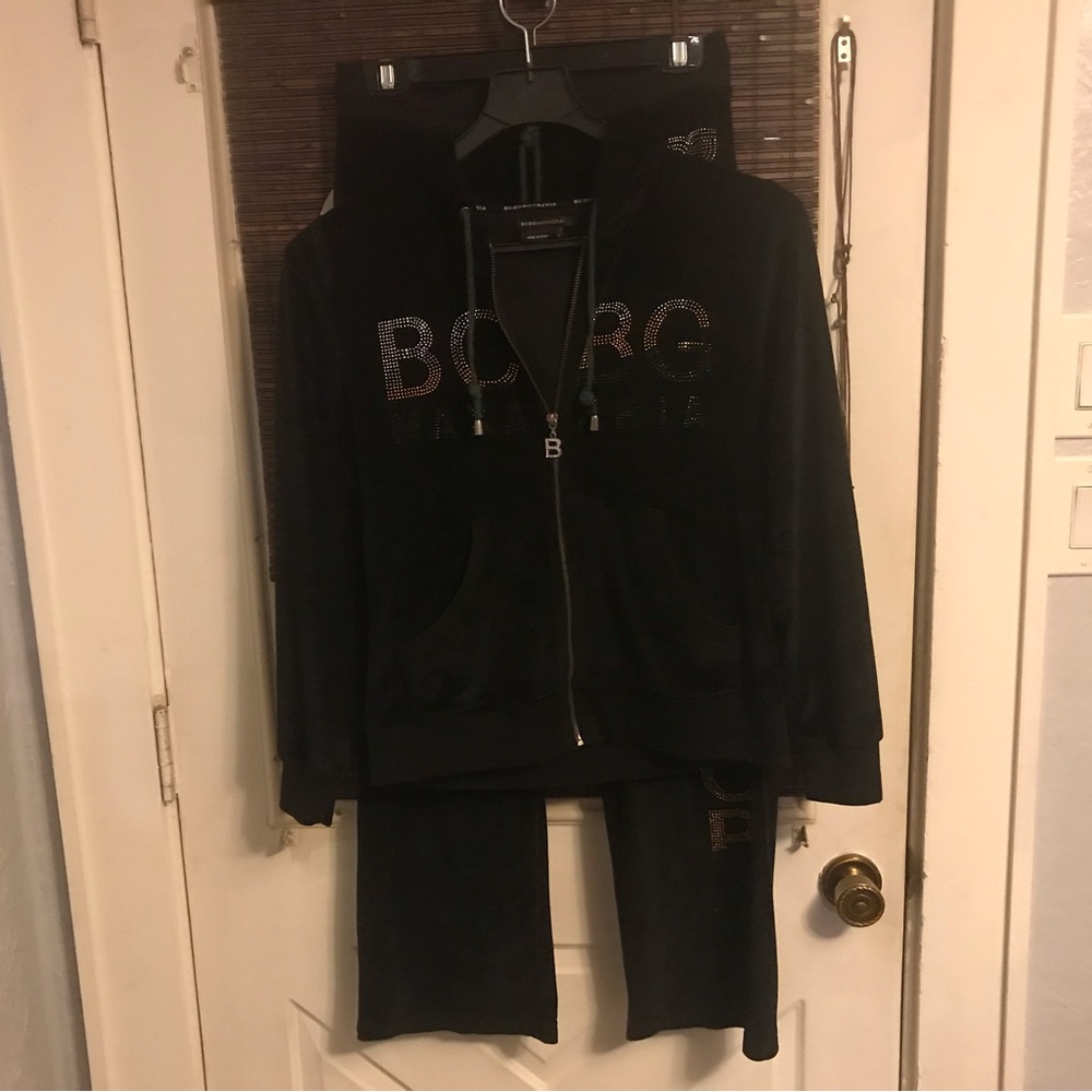 BCBG Black Velour Track Set, Jacket L Pants M